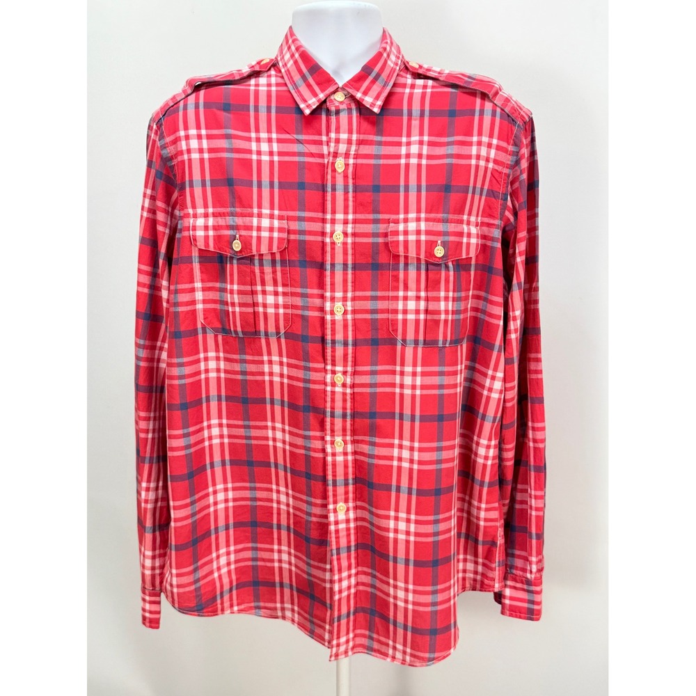 Polo Ralph Lauren Mens Red Plaid Button Down Shirt Epaulets Pockets Sz XL